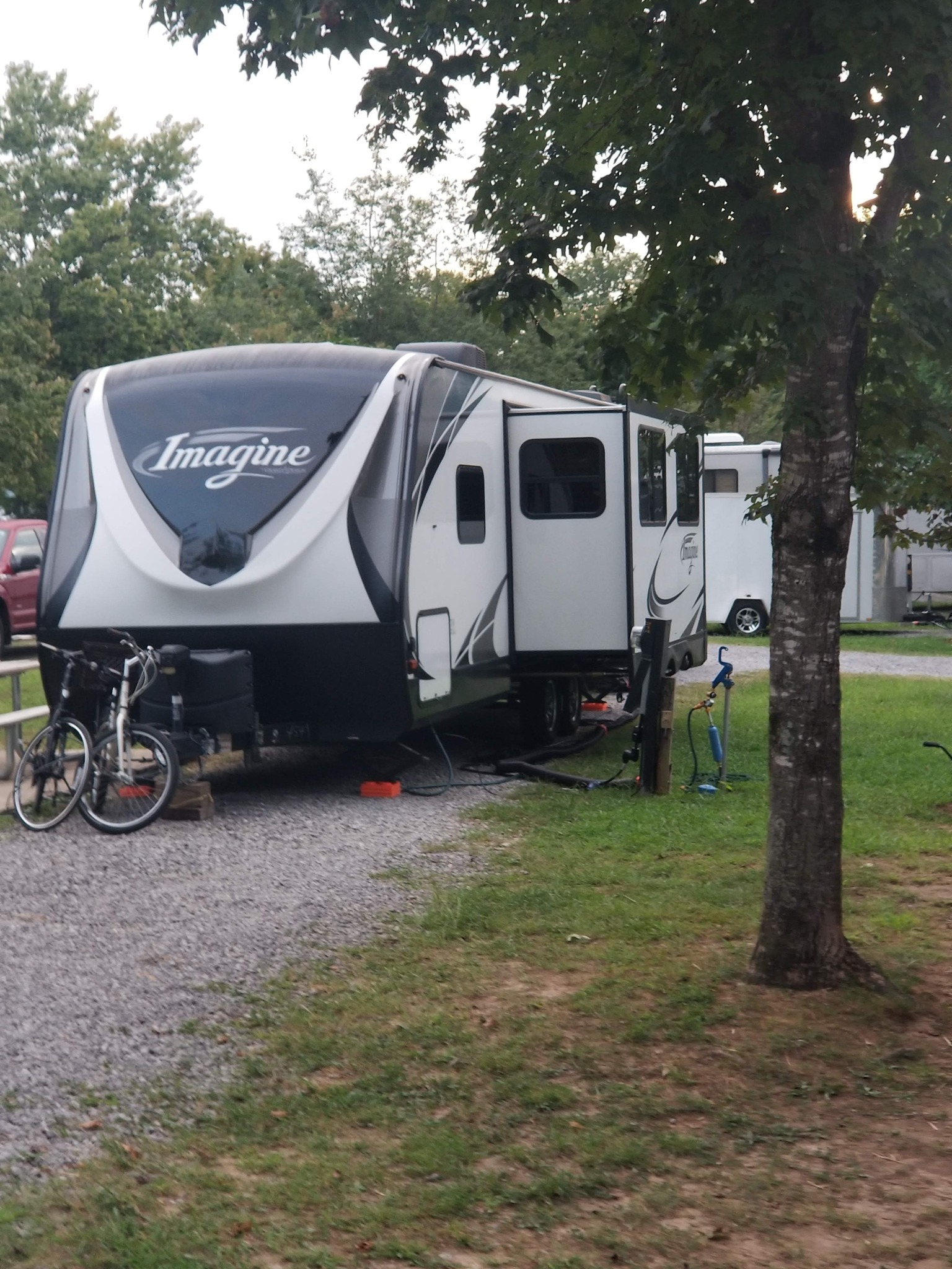 Our Grand Design travel trailer set up at Raccoon Mountain Campground