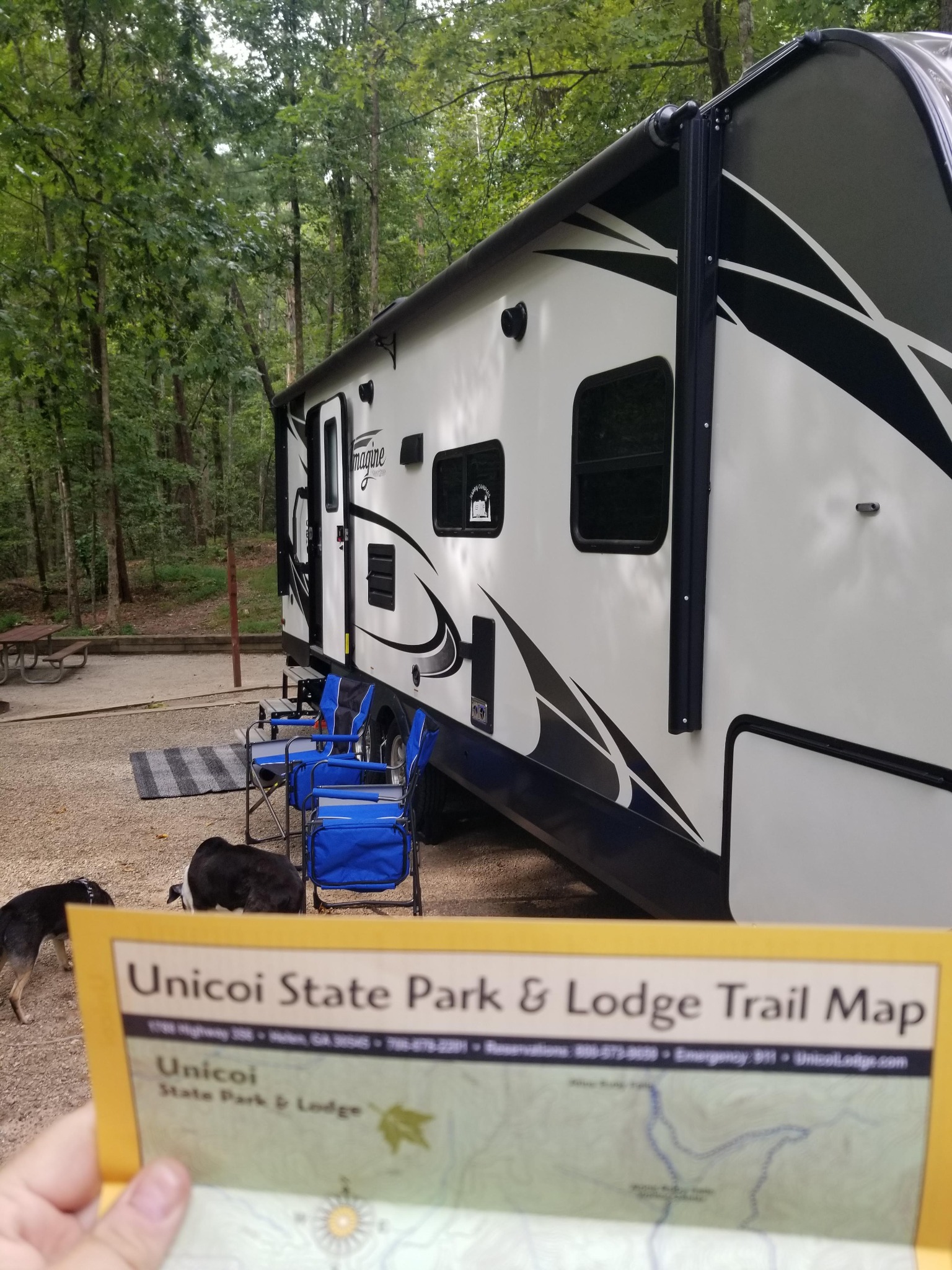 Our Grand Design travel trailer at Unicoi with a trail map in the foreground