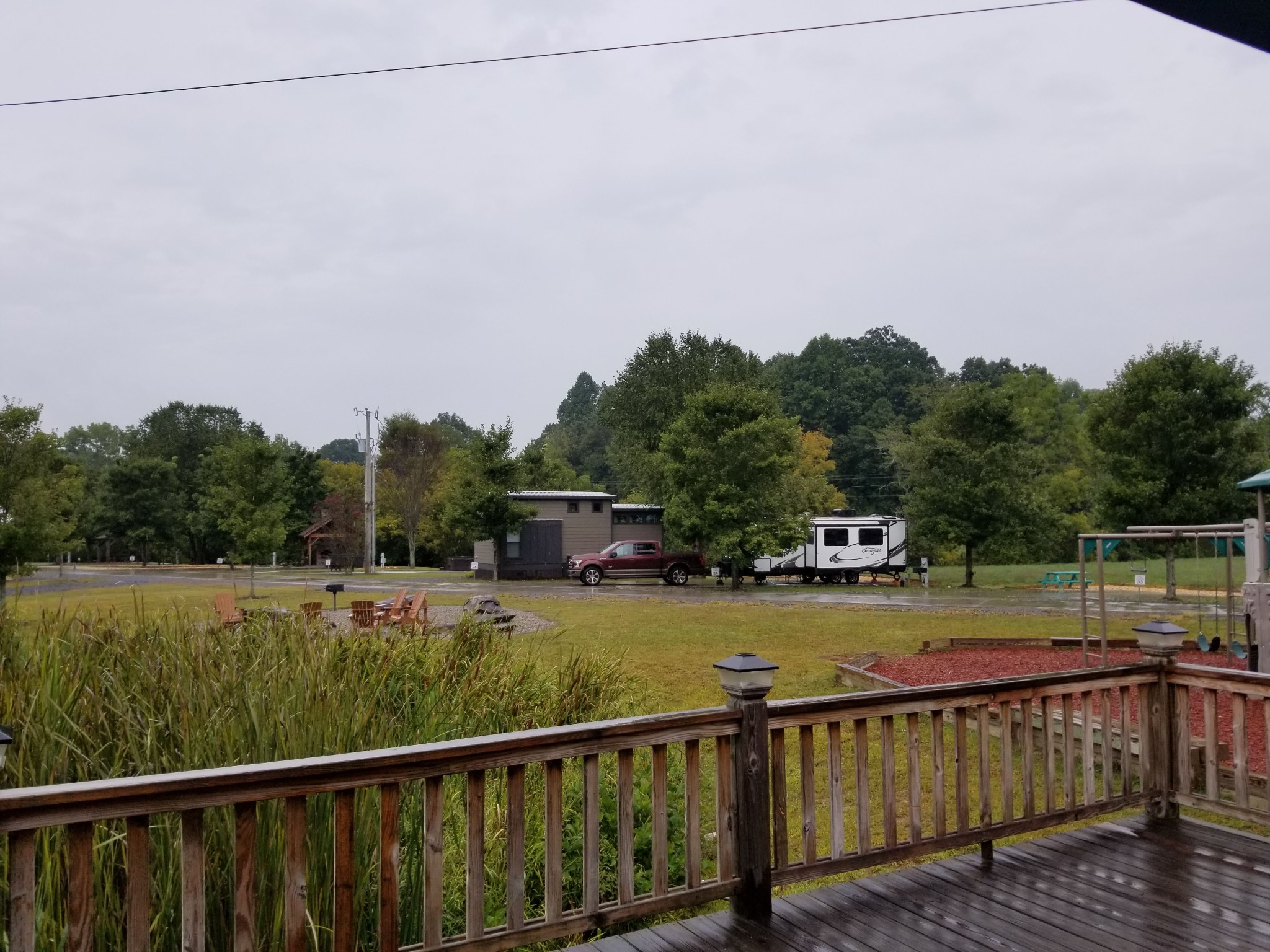 Our truck and travel trailer at Waterside at Blue Ridge, viewed across the campground