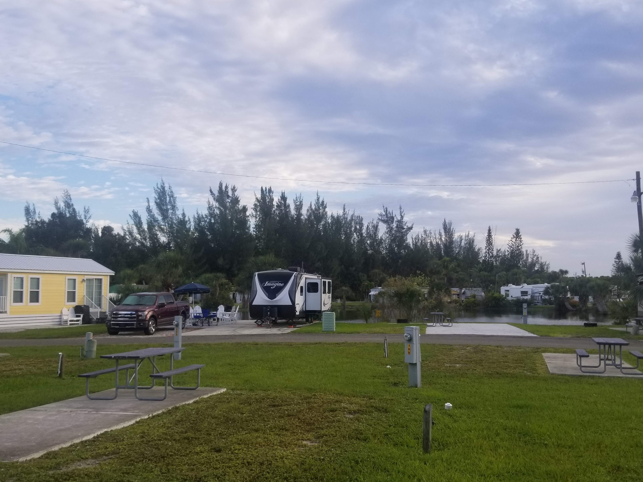 Our truck and Grand Design travel trailer at Pine Island KOA in November 2020