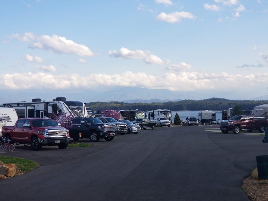 RV campsites with lake and mountain views at Anchor Down RV Resort