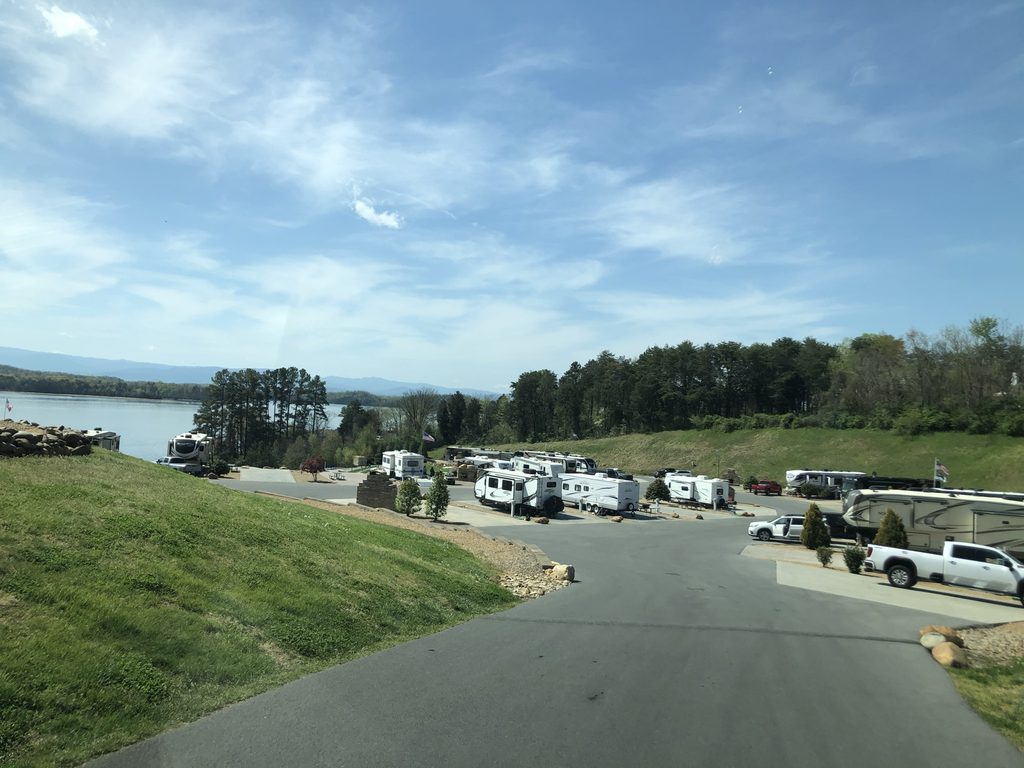 RV sites overlooking a lake at Anchor Down RV Resort